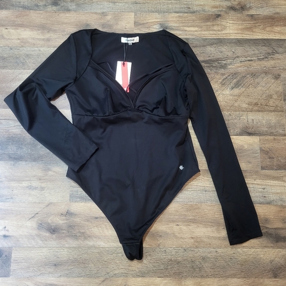 Popilush Black Longsleeve Deep V Shapewear Tummy Control Criss Cross Bodysuit XL - Picture 6 of 10